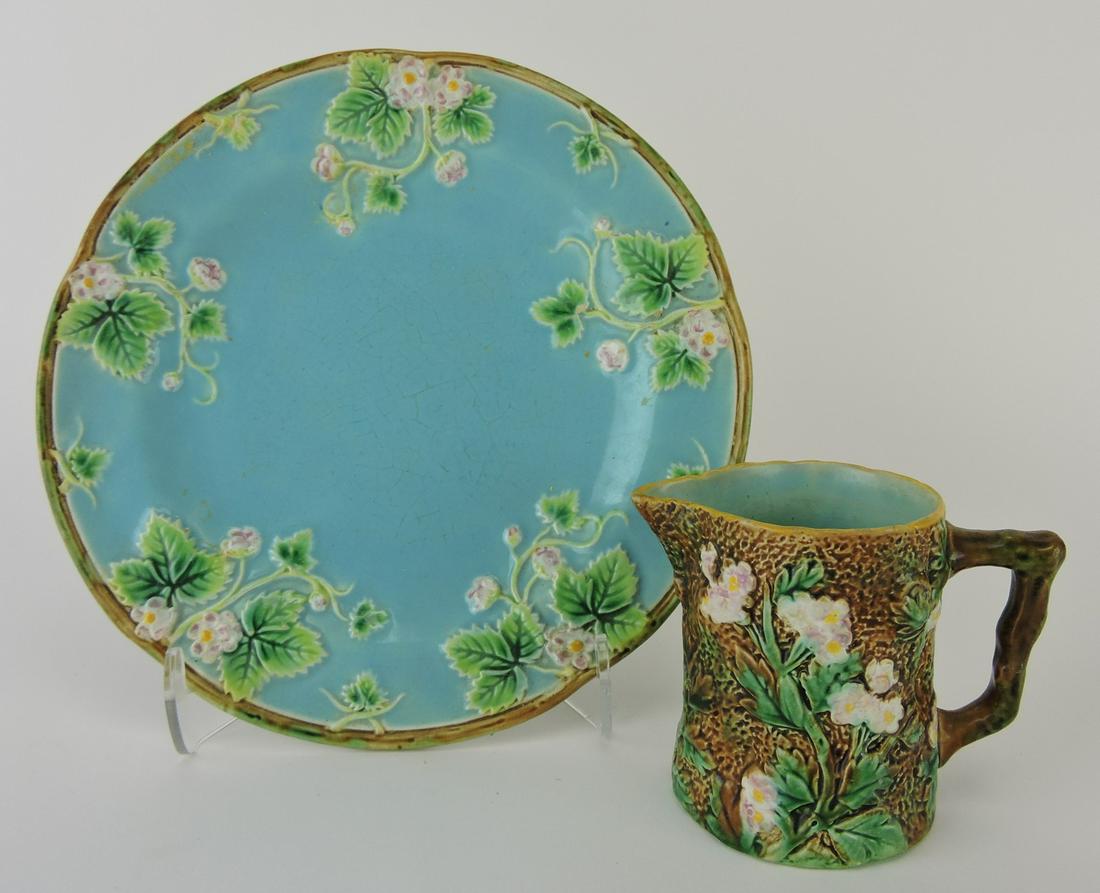 George Jones majolica 8 1/4": strawberry plate and 3 1/4" rustic creamer