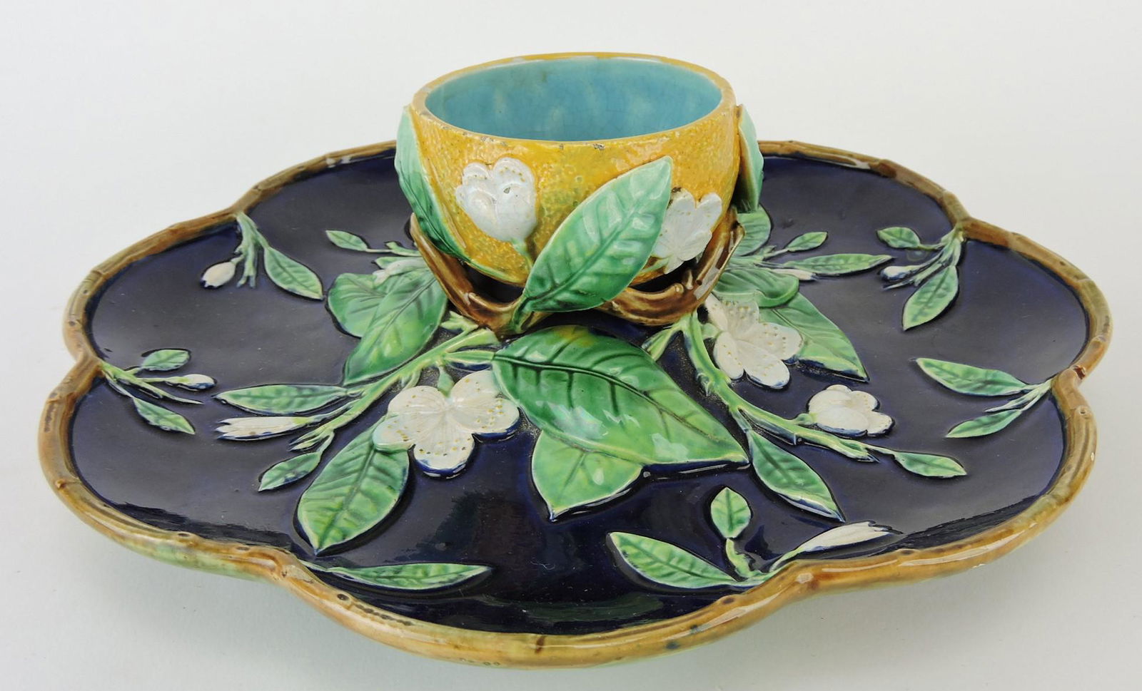 George Jones majolica cobalt serving: tray, lacking lid to orange, 11"