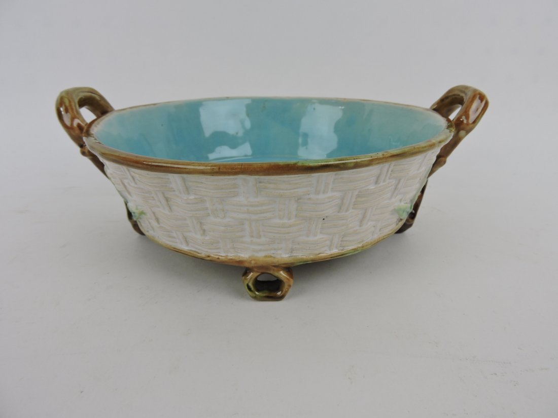 George Jones majolica wicker tub: with branch feet and vine handles, 9"w, 3 1/2"h