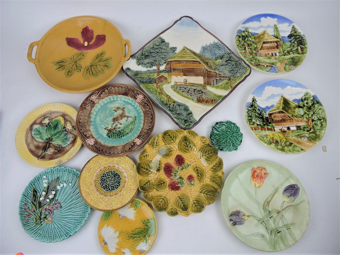 Majolica lot of 12 assorted plates,: various condition