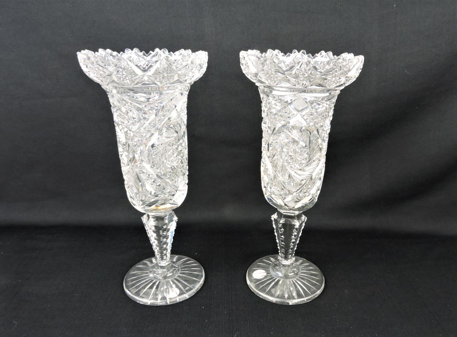 American Brilliant Period cut glass: pair of 12" vases
