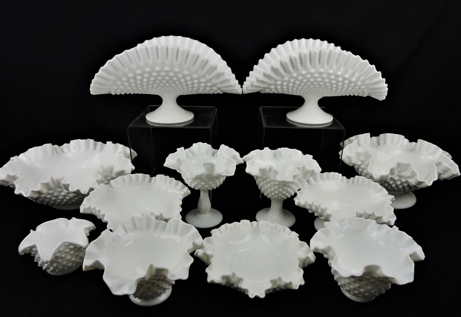 Fenton milk glass hobnail lot of: 12 banana boats, bowls and more