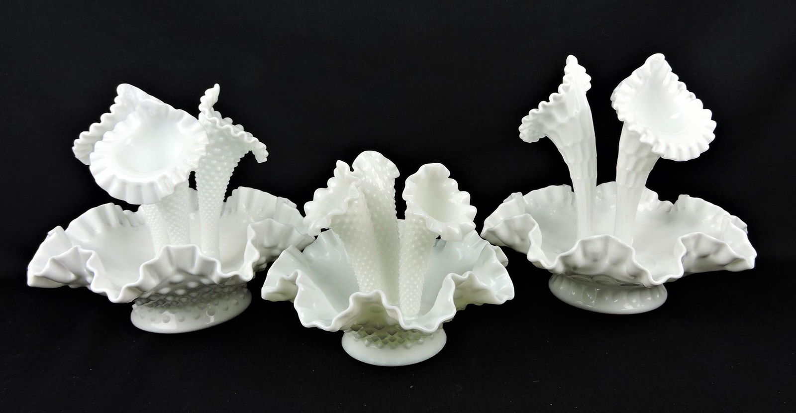 Fenton lot of 3 milk glass epergnes: .