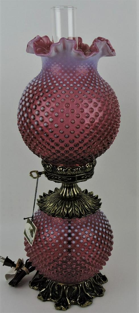 Fenton cranberry opalescent hobnail: GWTW lamp, 25"