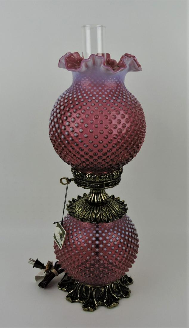 Fenton cranberry opalescent hobnail: GWTW lamp, 25"