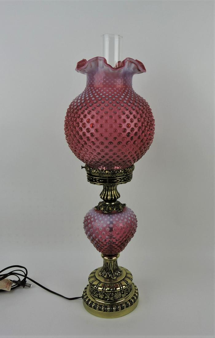 Fenton cranberry opalescent hobnail: banquet lamp, 26 1/2"