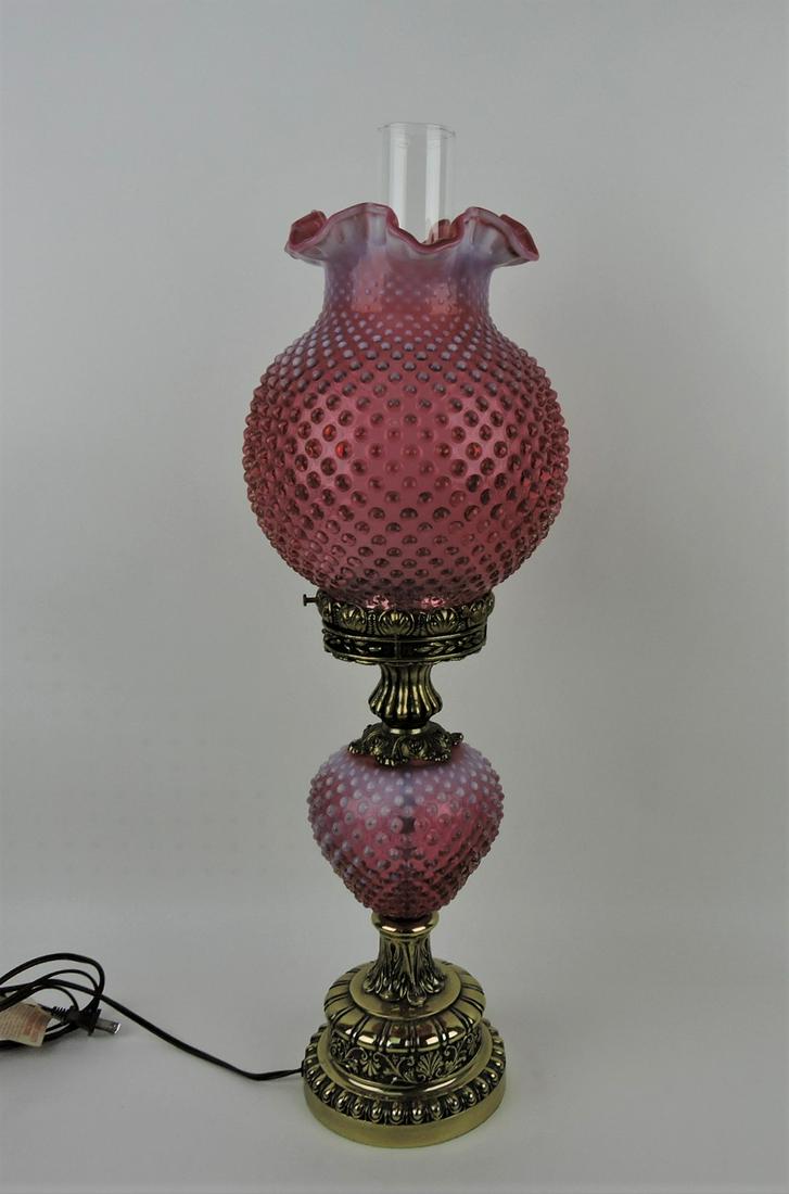 Fenton cranberry opalescent hobnail: banquet lamp, 26 1/2"