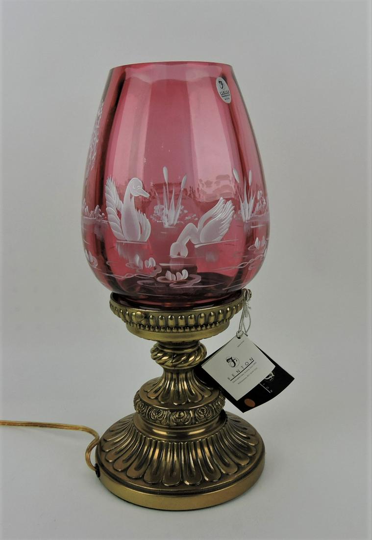 Fenton lamp with cranberry shade: painted with swans on lake