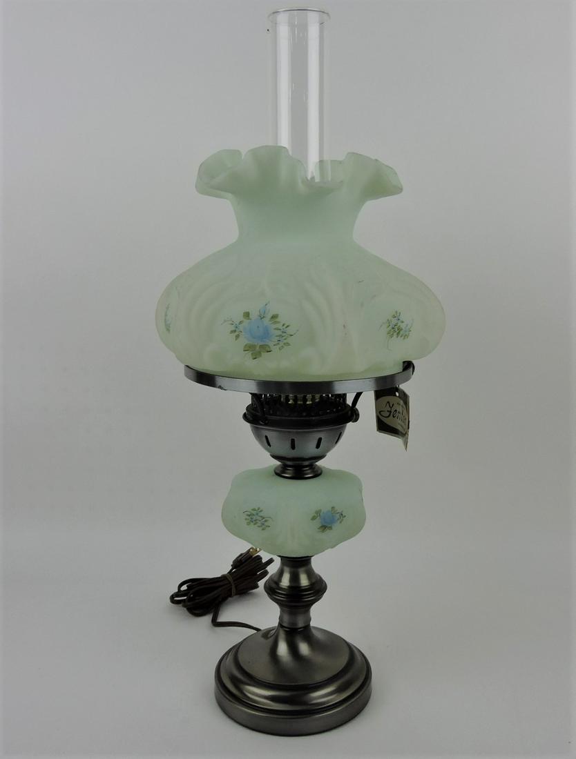 Fenton satin hurricane lamp with: blue flowers, 18 1/2"