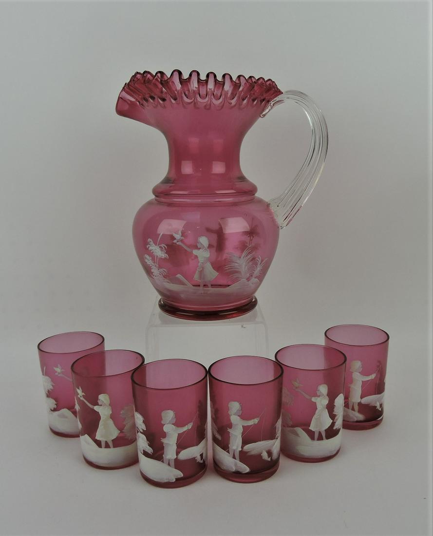Fenton cranberry Mary Gregory 7 piece: water set
