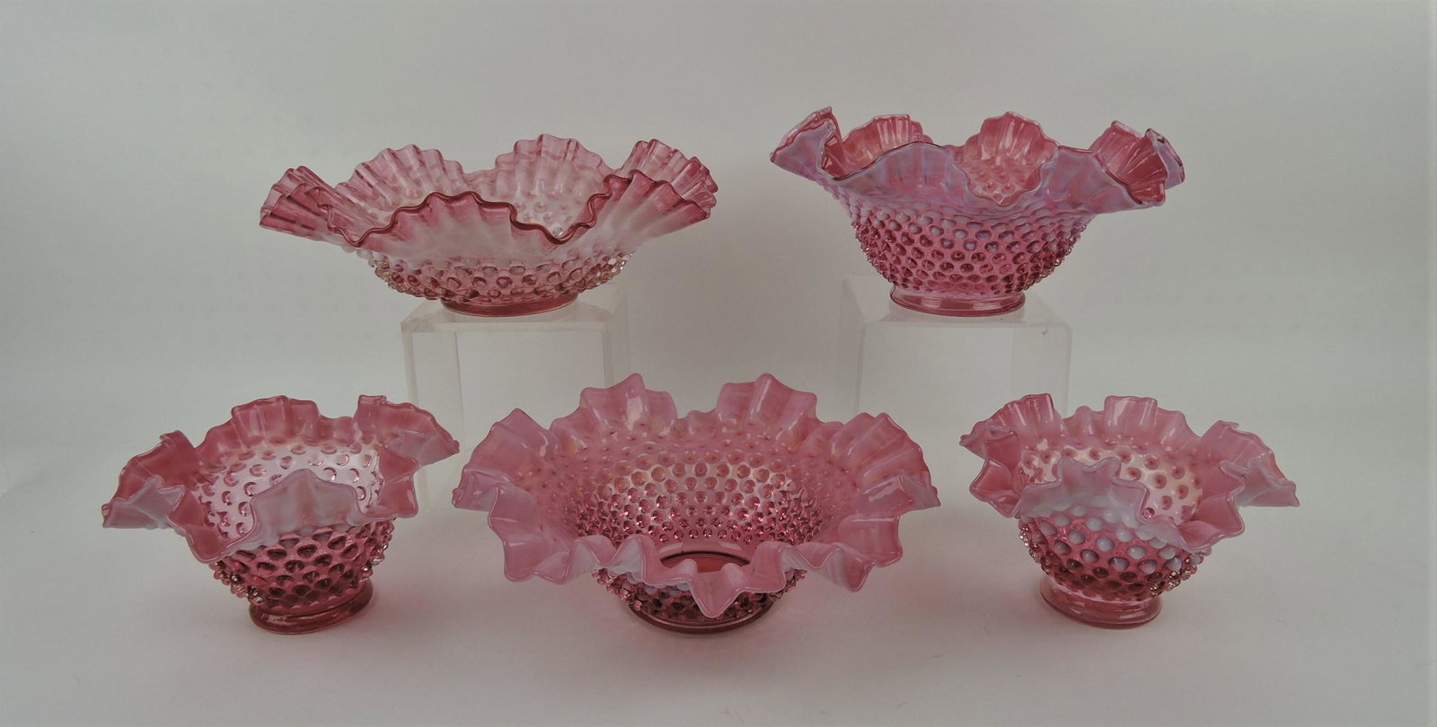 Fenton cranberry opalescent hobnail: lot of 5 bowls