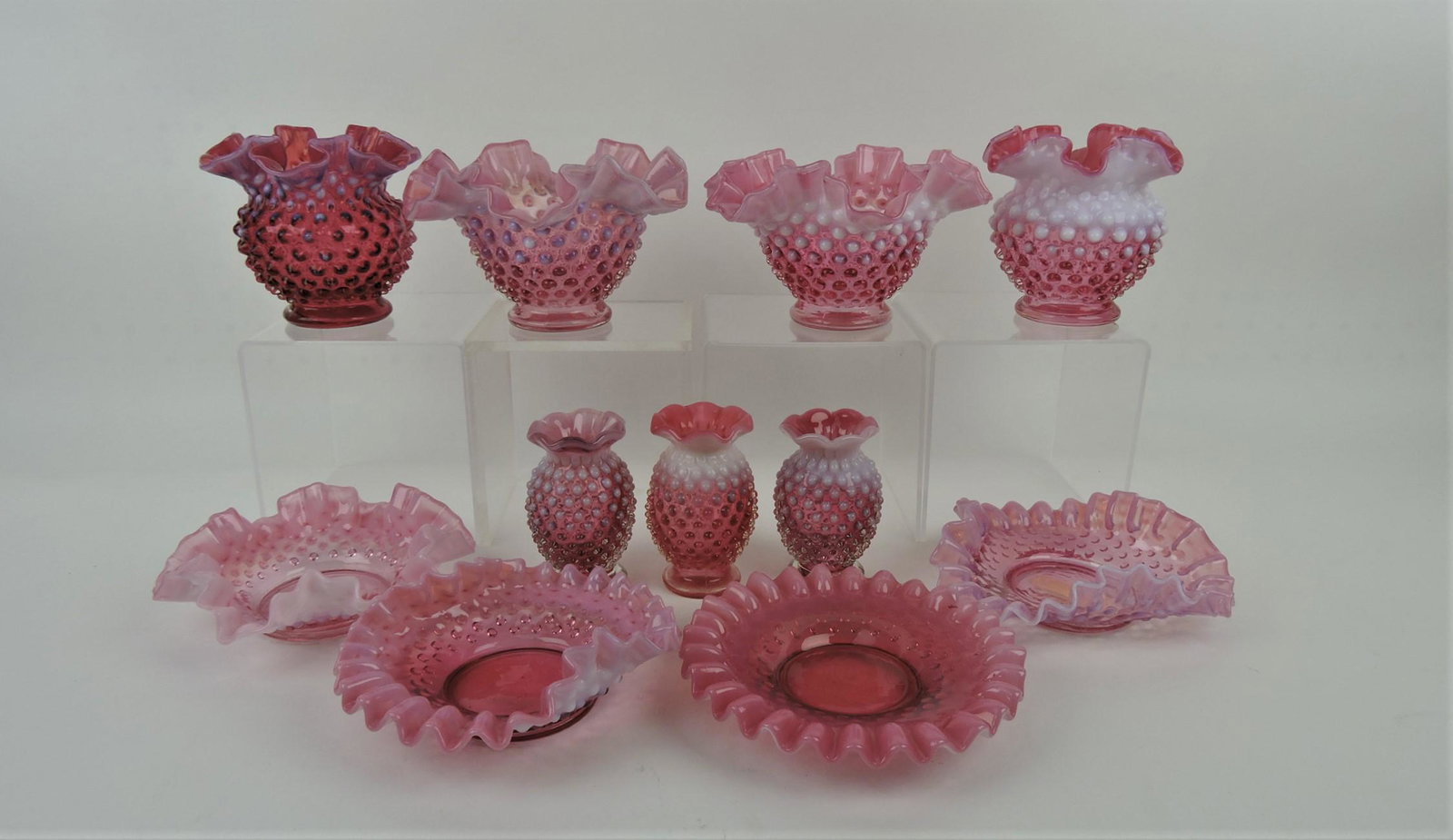 Fenton cranberry opalescent hobnail: lot of 11 pieces