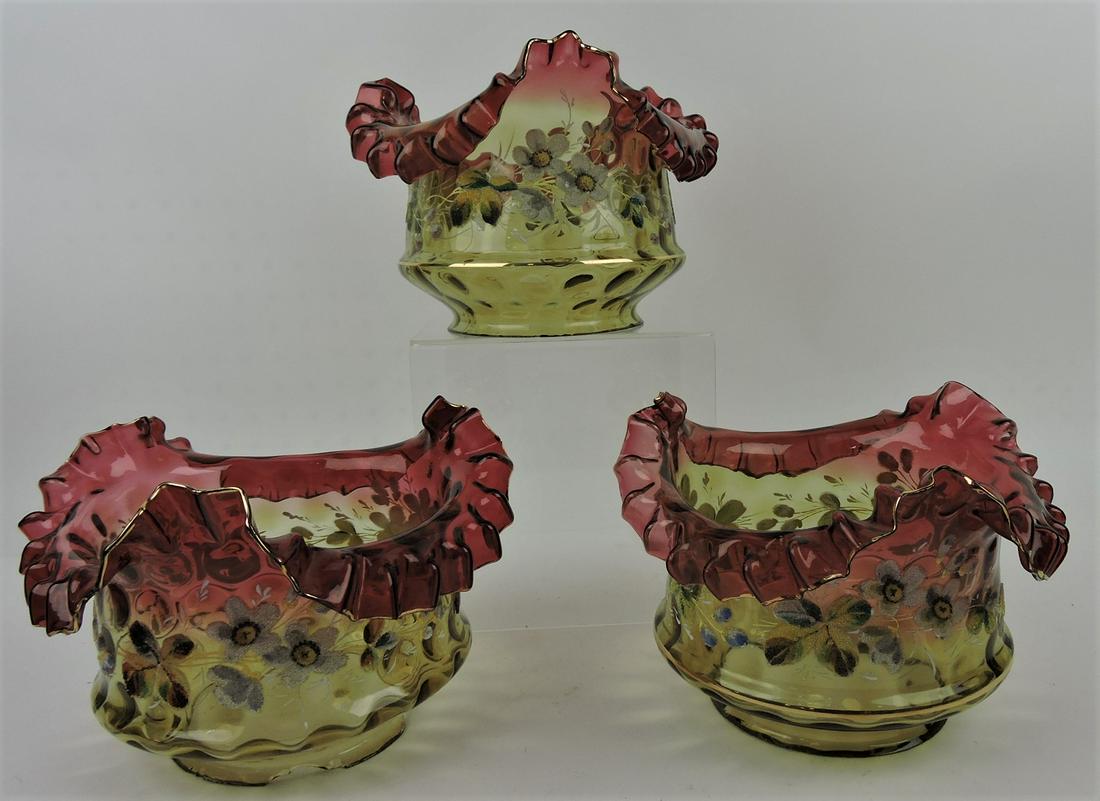 Victorian amberina set of 3 lamp: shades with coralene floral decor, 6"h, 8 1/2"d, 4 7/8" fitter (chips to fitter ring)