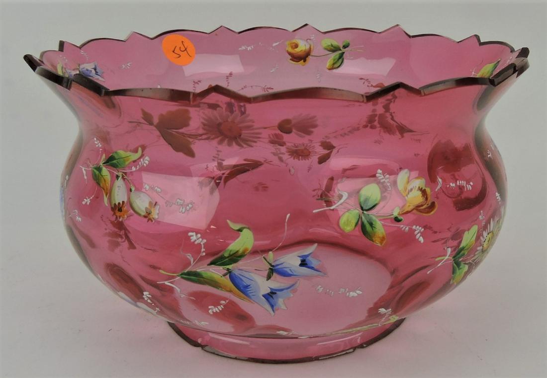 Cranberry floral enamel lamp shade,: 4 3/4"h, 8 1/4"d, 4 7/8" fitter ring (chip to fitter ring)