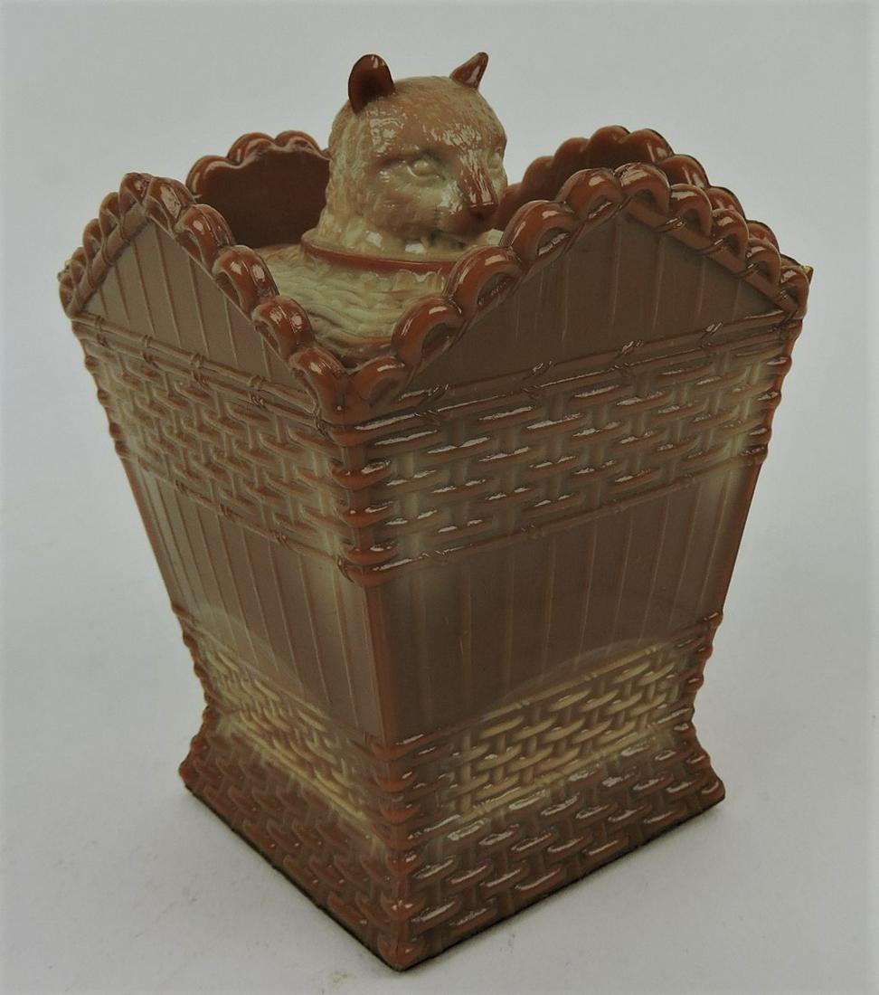 Greentown chocolate glass cat in: hamper, 4 3/4"