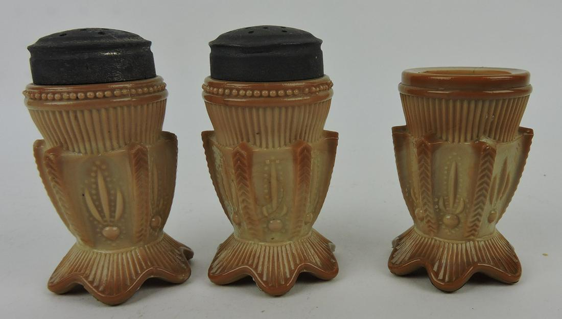 Greentown chocolate glass pair of: cactus salt & pepper shakers with matching toothpick holder