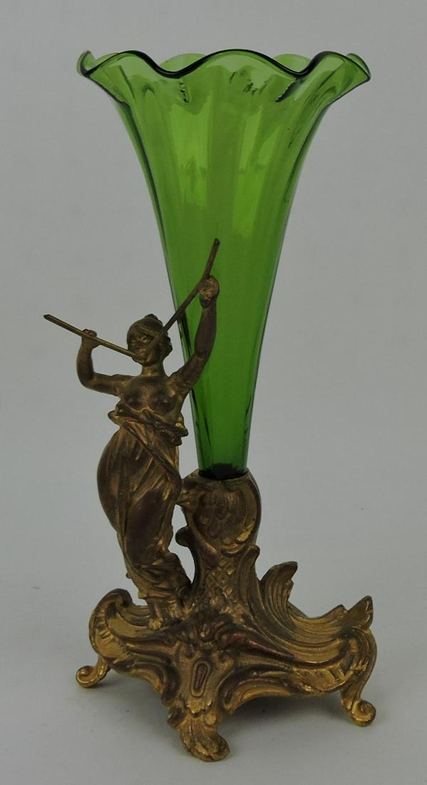 Single horn epergne mounted in: bronze gilted holder with lady, 8 1/2", nick to rim