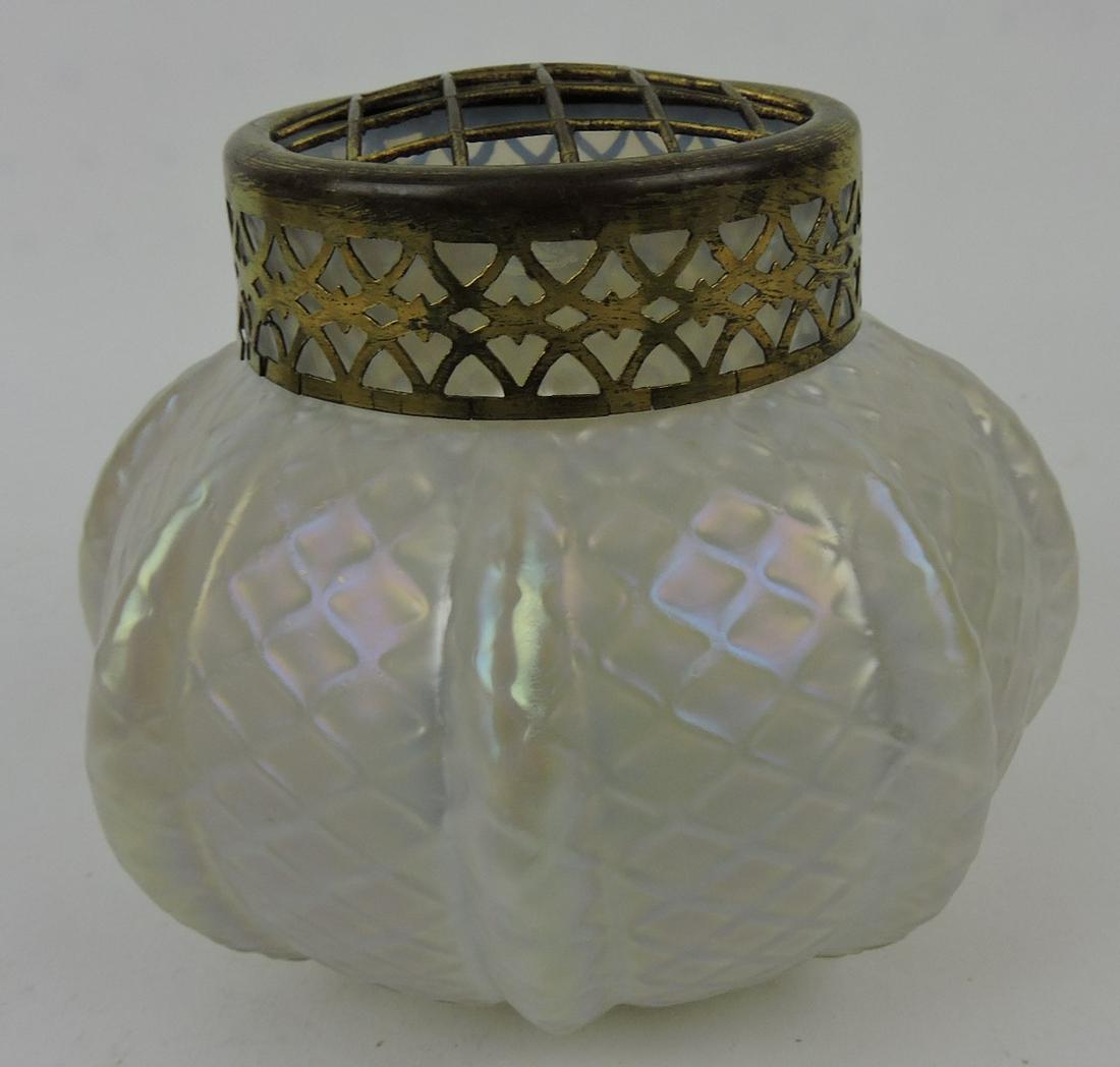 Loetz style art glass floral fernery: vase with brass fernery top, 5"