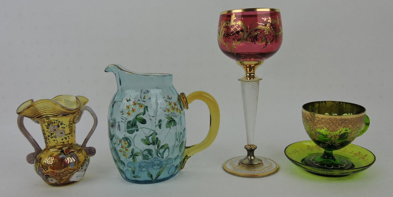 Moser lot of 4 pieces: amber miniature: vase signed Cire 4", blue pitcher 5", ruby goblet 8", green cup and saucer