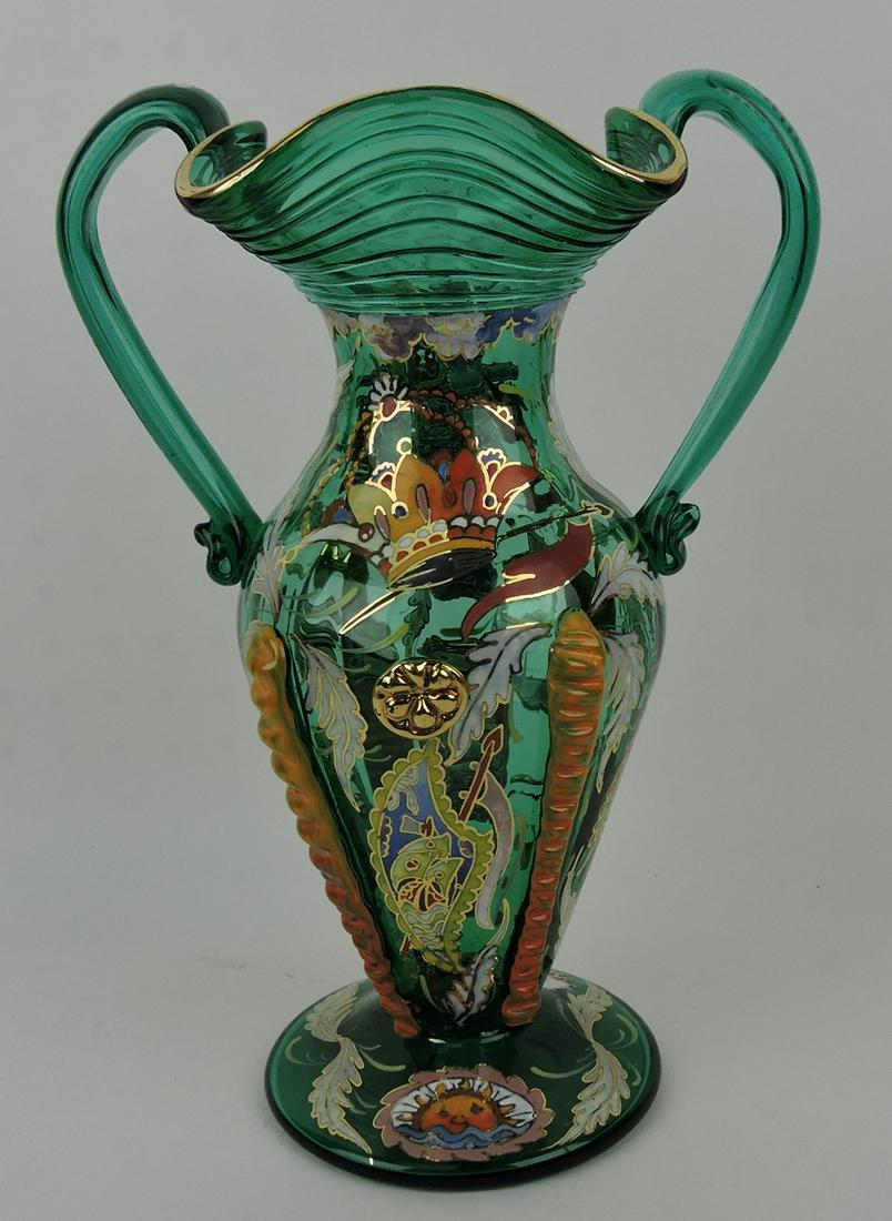 Moser emerald green double handled: vase with enamel, singed Royo, 12 3/4"