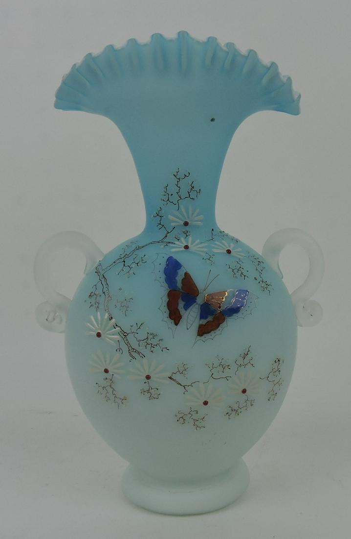 Webb (attributed) blue satin double: handled vase with butterfly, 9"