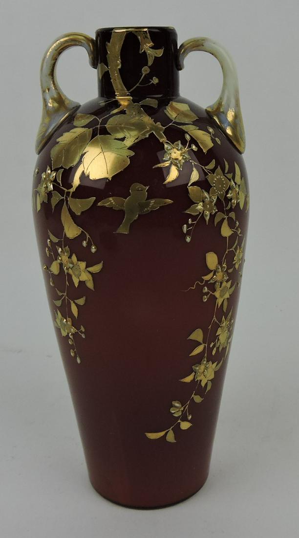 Thomas Webb (attributed) oxblood vase: with gold enamel of bird, flowers, and vine, 7 1/2"