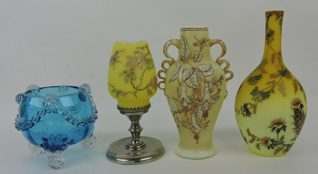 Webb lot of 4 pieces: blue rose bowl: with measle mark 4 1/2", yellow candle lamp with enamel butterfly and flowers 7", ivory vase with flowers in relief (hairline) 8", yellow stick bud vase 9" (fish scale flakes to top rim)