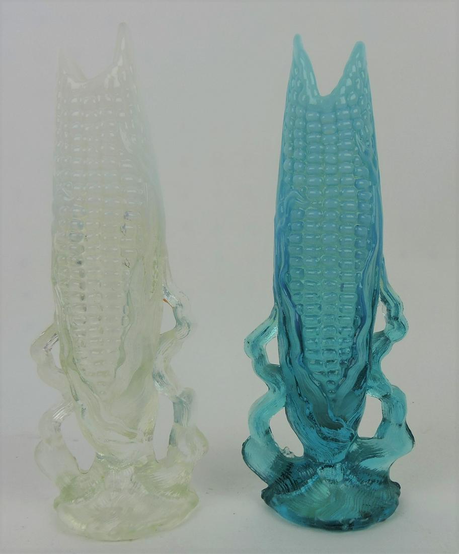 Dugan blue and clear opalescent lot: of 2 - 8" corn vases