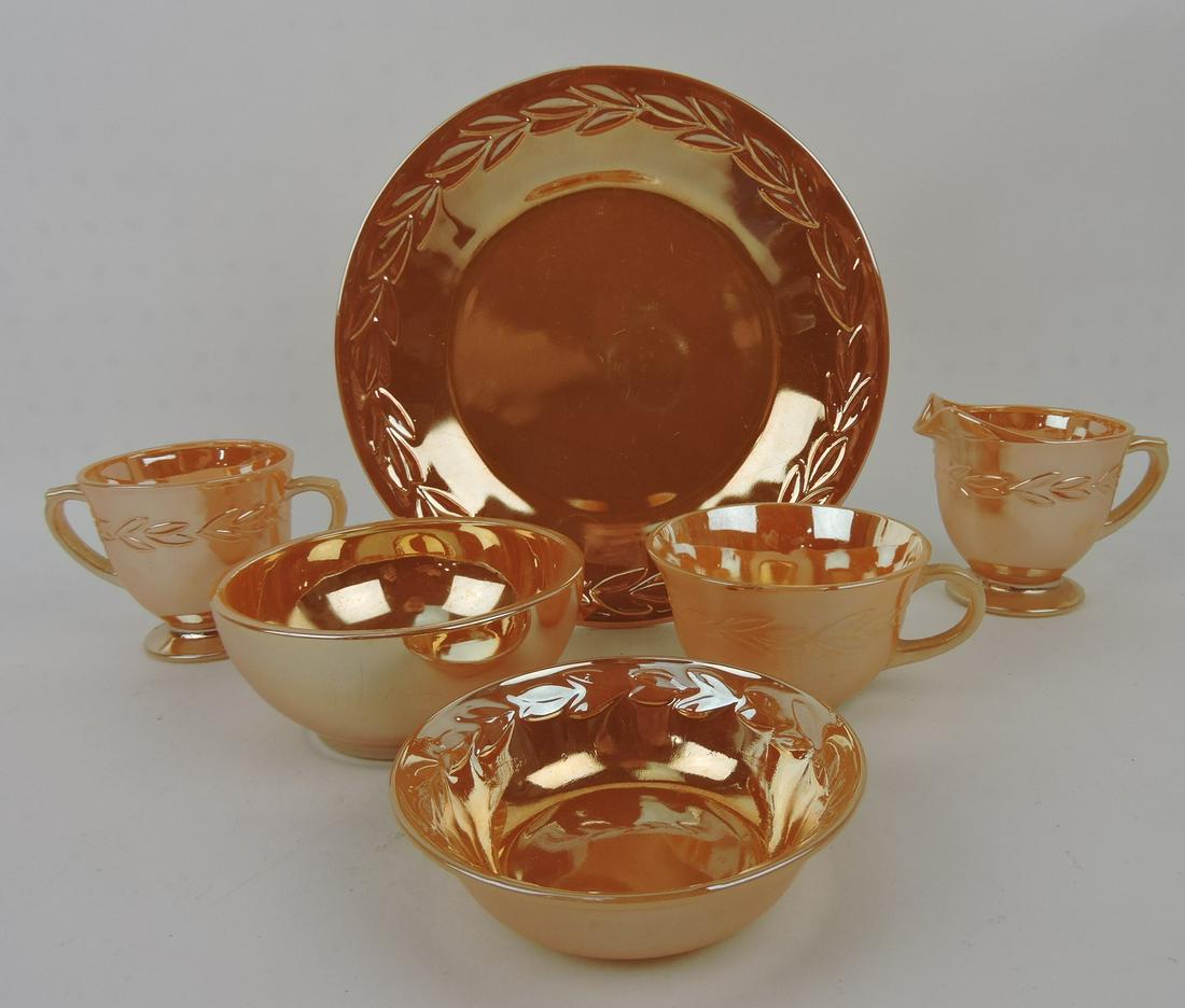 Fire King set of gold dinnerware:: 12 - 9" plates, 13 fruit bowls, 12 oatmeal bowls, 15 cups, 2 creamers & sugar