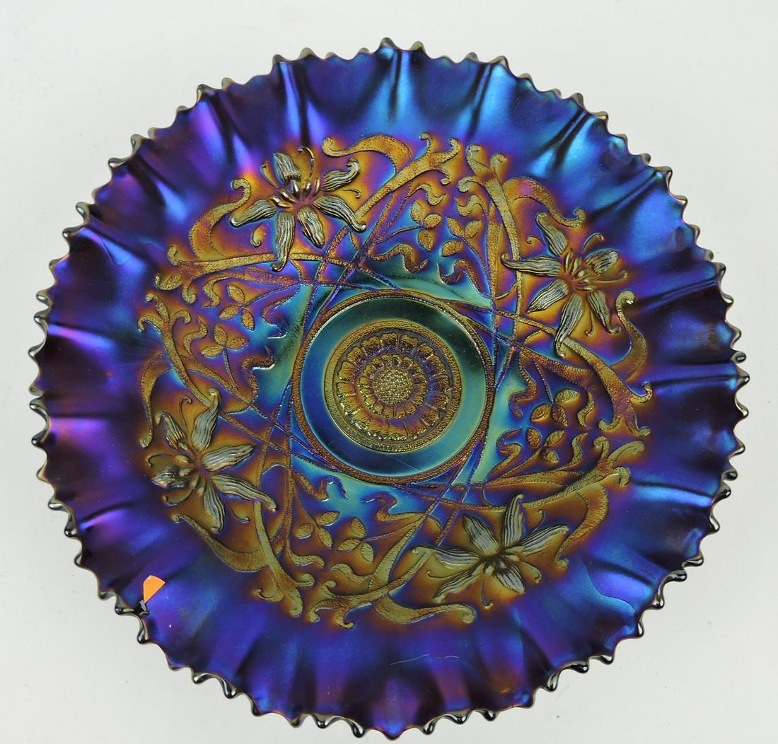 Northwood electric purple carnival glass: Wishbone bowl, 9", ruffled, rim nick to front
