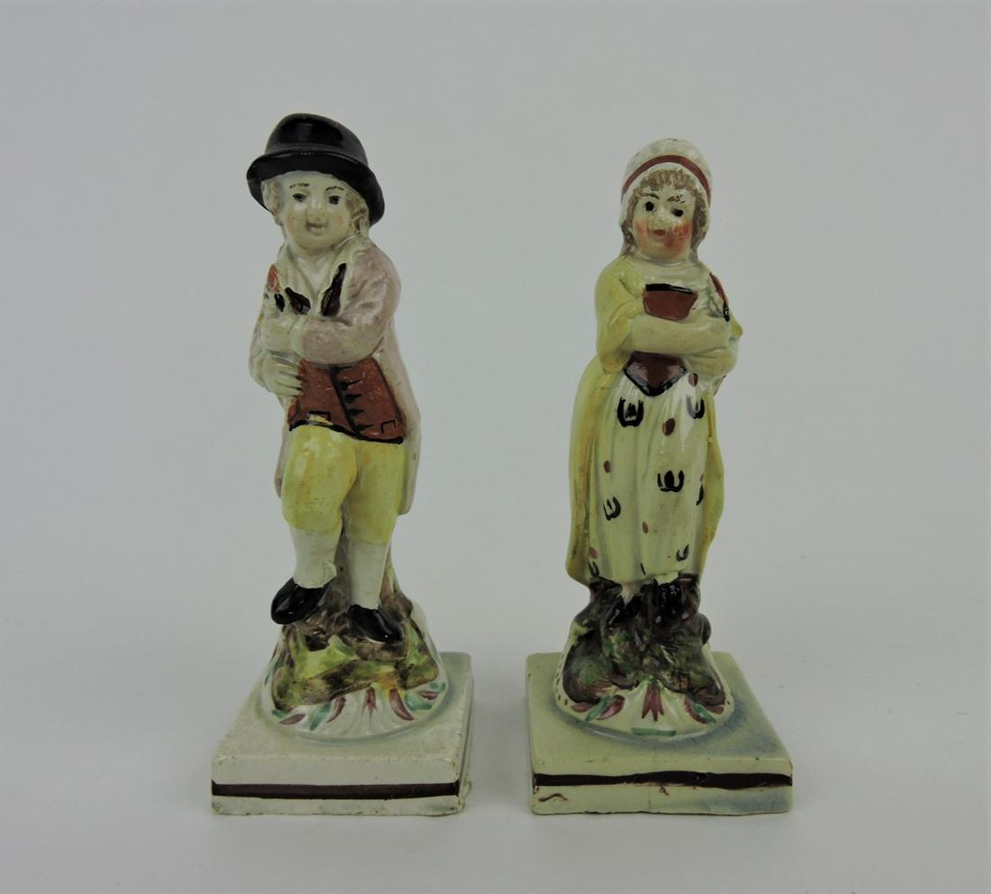Staffordshire Pearlware couple with: cockerel figures, 4 1/2"