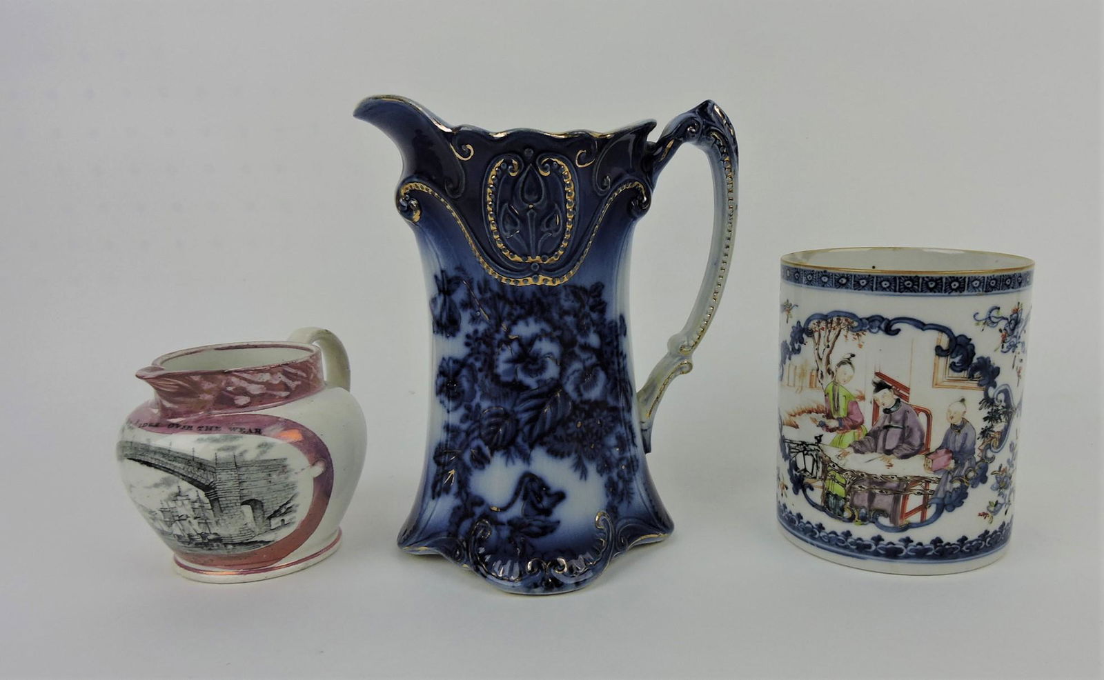 Flow blue pitcher, lustre pitcher, and (1 of 1)