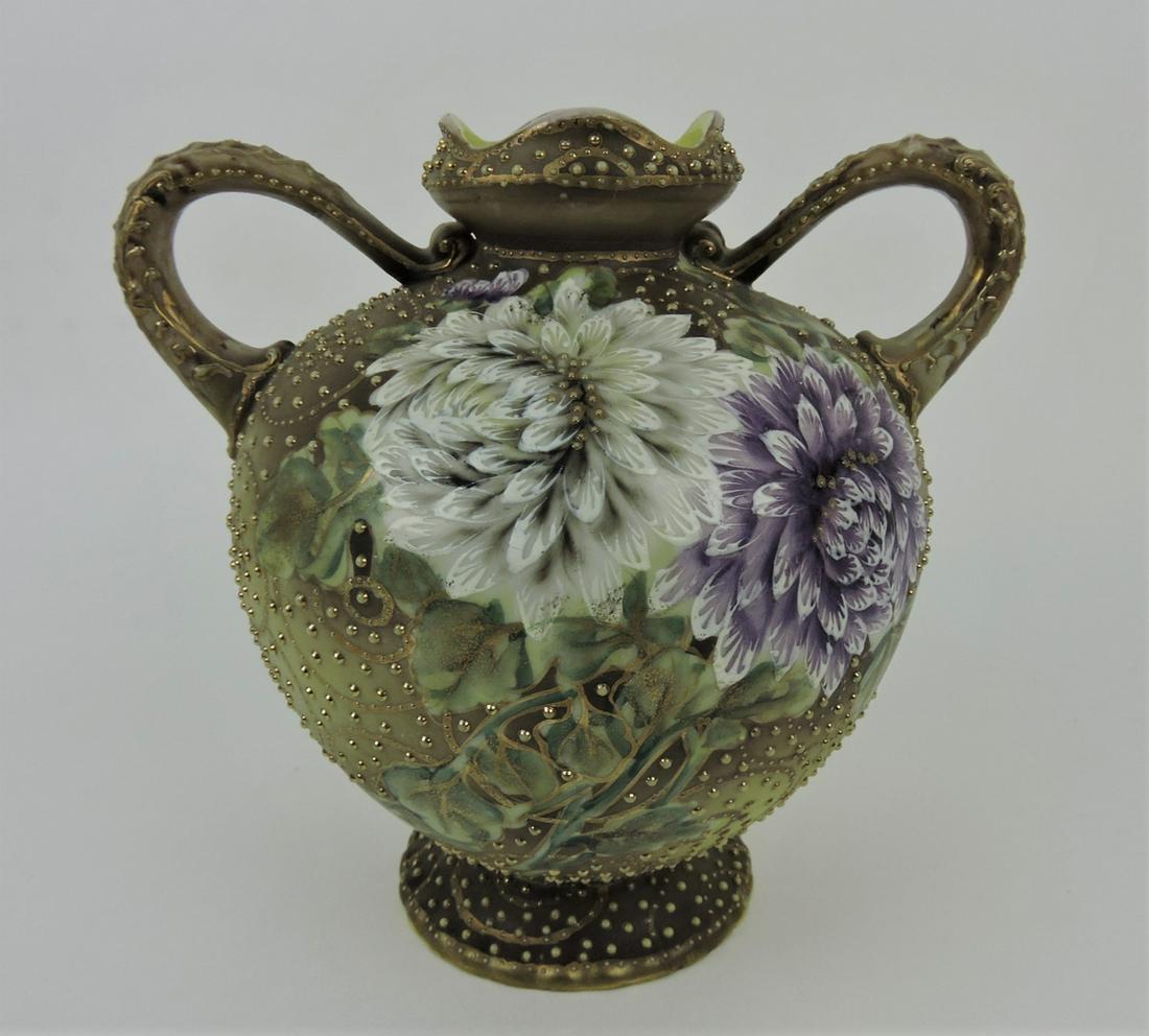 Nippon two handled vase with dahlia (1 of 1)
