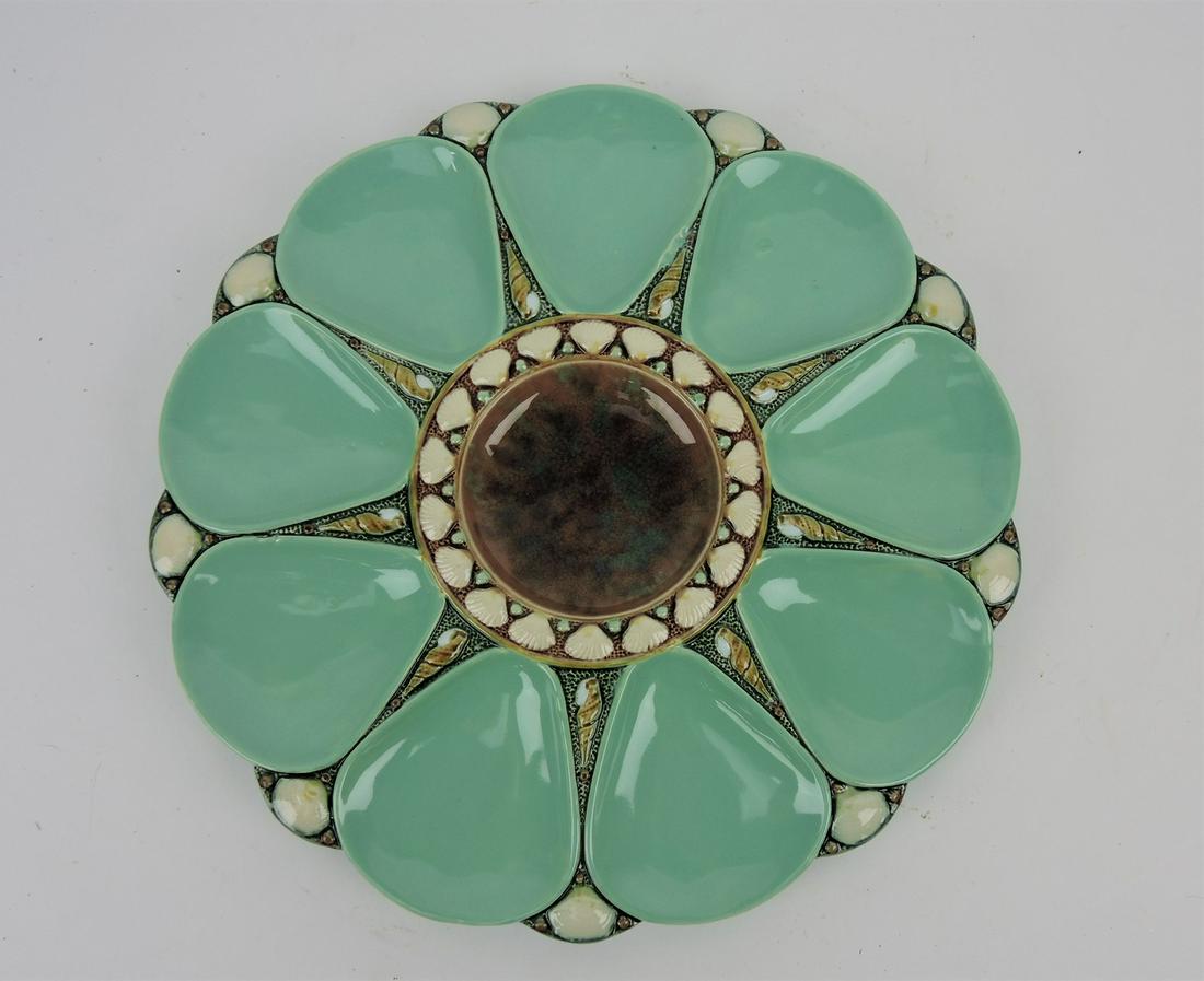 Minton majolica seafoam green 9 well: oyster plate, 10"