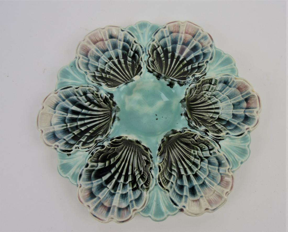 French majolica six well oyster plate,: 8 1/2"