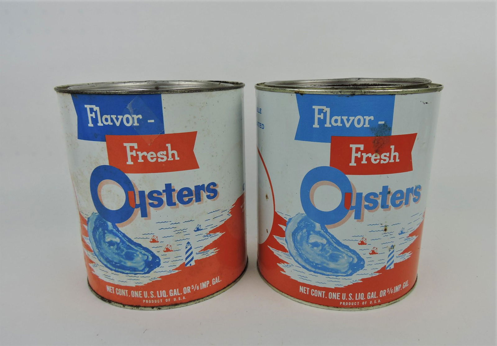 Lot of 2 - 1 gallon oyster tin cans, (1 of 1)