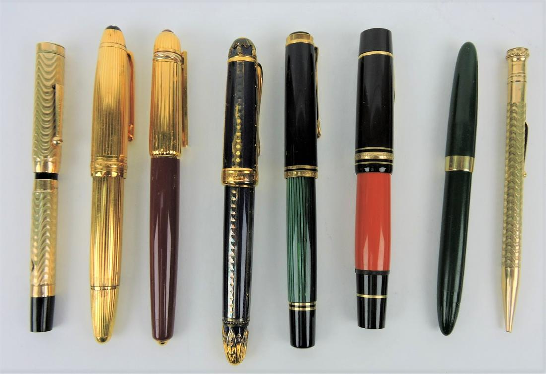 Fountain pen lot of 7 and 1 mechanical: pencil: Morrison; Meisterstuck No 146 Monte Blanc; Cartier; Michael Perchin Vermeil #0272/4321; Pekikan; Meisterstuck Edition Monte Blanc; Sheaffer; Morrison mechanical pencil