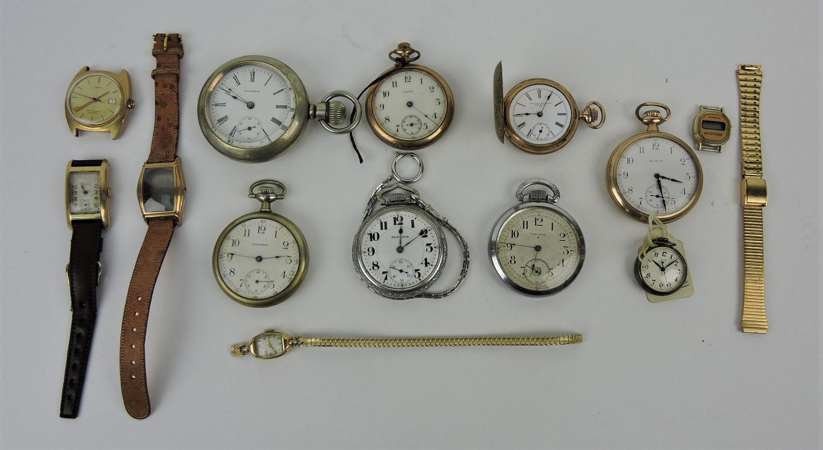 Lot of 8 pocketwatches (Elgin, Waltham,: Admiral, Hamilton, Midland, New York Standard) and 5 wrist watches (Hamilton, Waltham, Accutime, Timex)