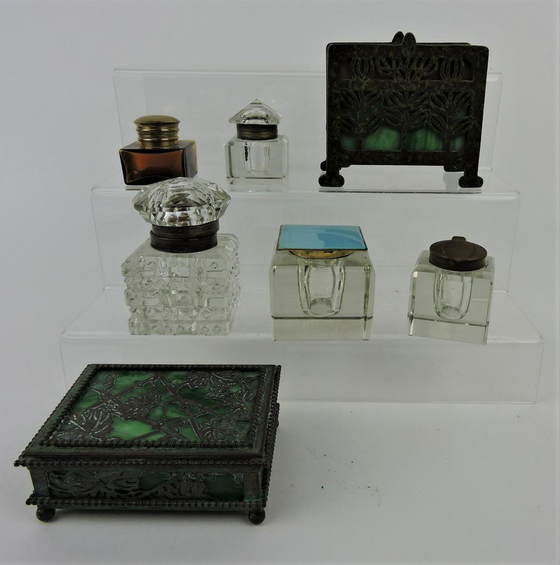 Lot of 5 inkwells and Tiffany style: letter holder and covered box