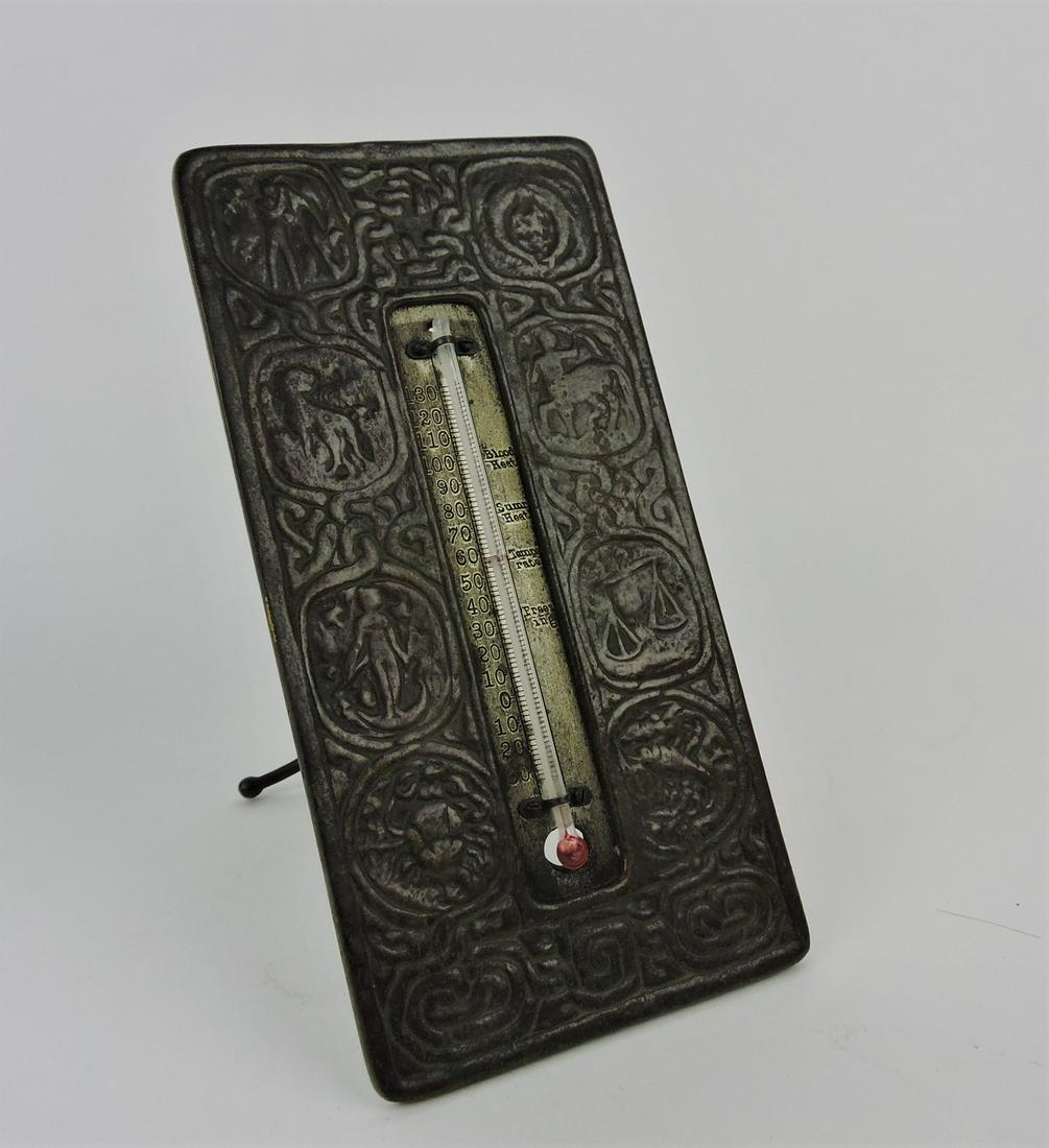Tiffany Studios, New York, Zodiac bronze: desk thermometer, 8", thermometer broken