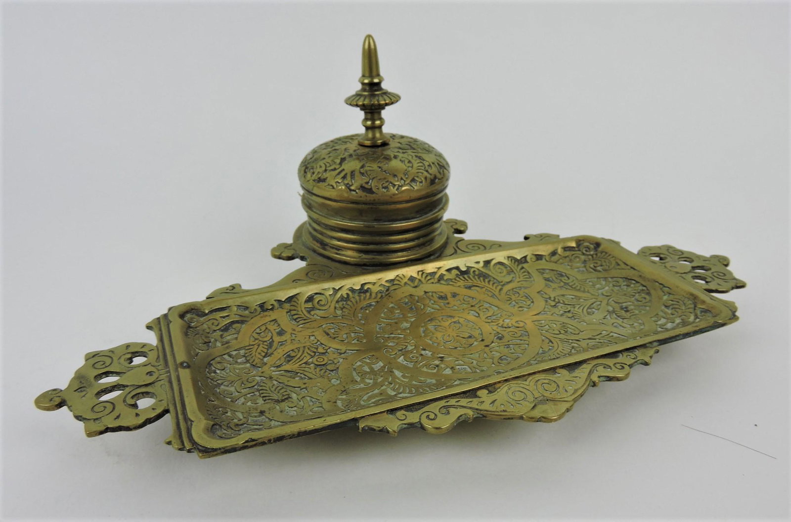 Tiffany Studios, New York, bronze inkwell/: desk stand, 9"w, 3 1/2"h
