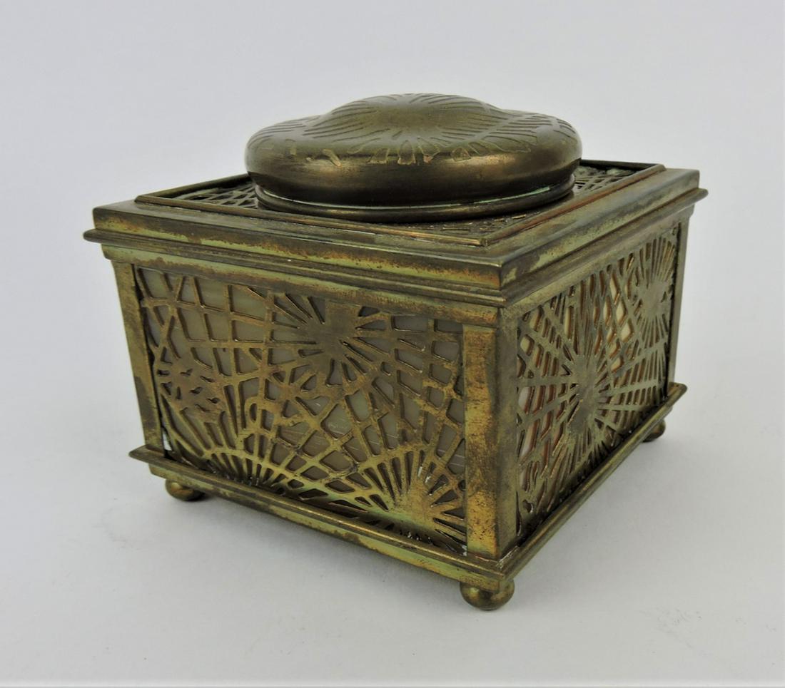 Tiffany Studios, New York, bronze inkwell,: pine needle design #844, 3 1/2"h, 4"square