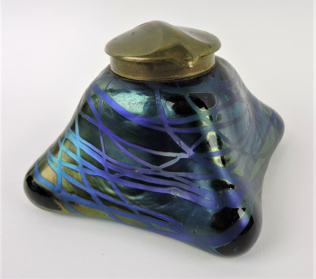 Loetz art glass inkwell, 3"h, 4 1/4" square: .