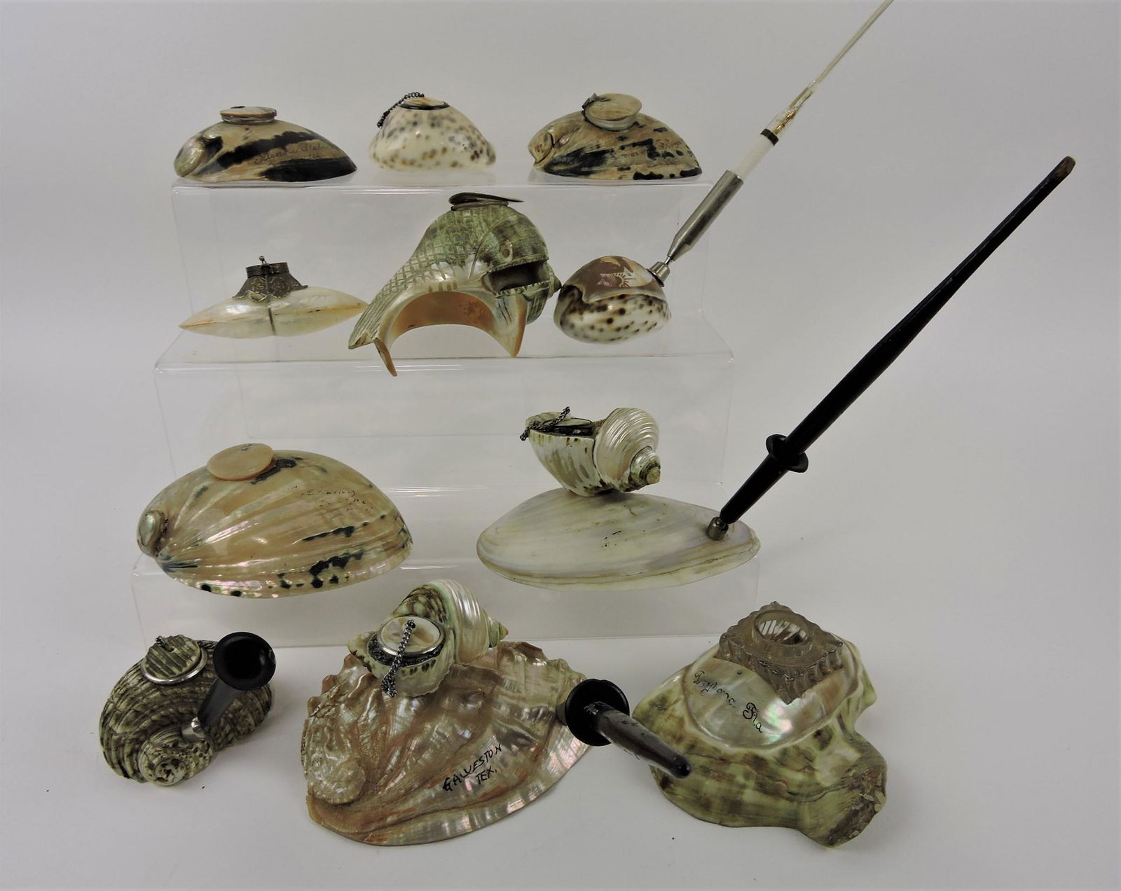 Lot of 11 shell and abalone inkwells: .