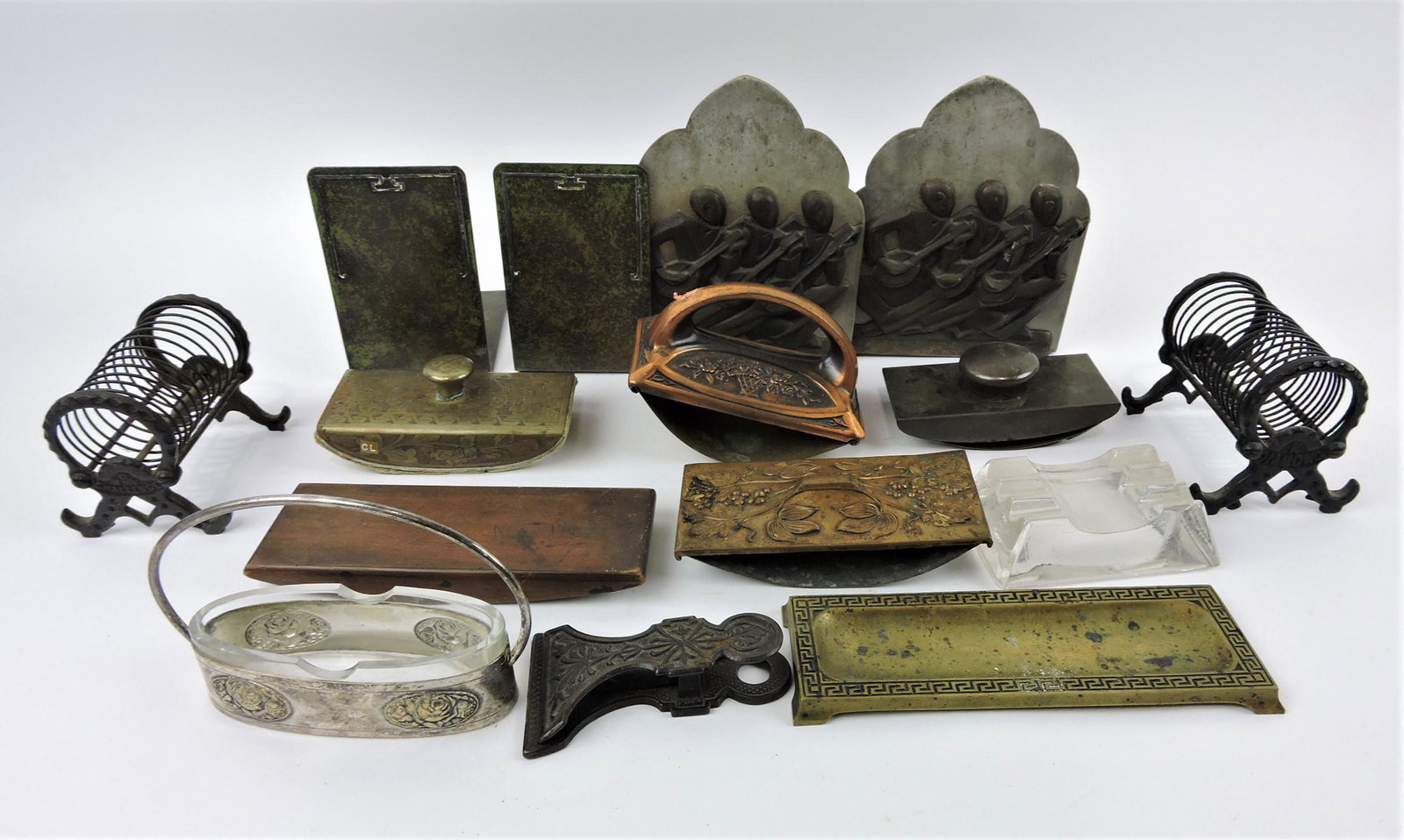 Lot of desk accessories: Heinz sterling over: bronze bookends, letter holders, pen tray, paper clasp, rocker sealers