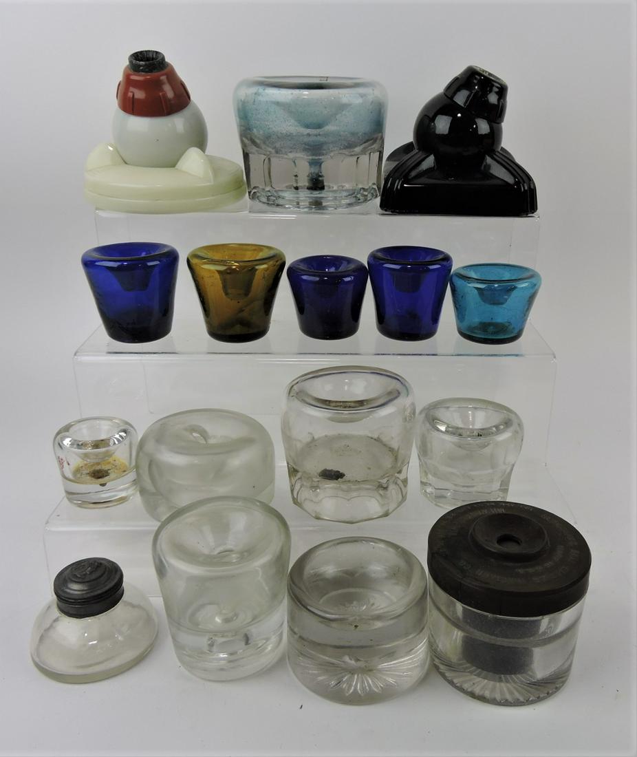 Lot of 16 inkwells and pen holders: .