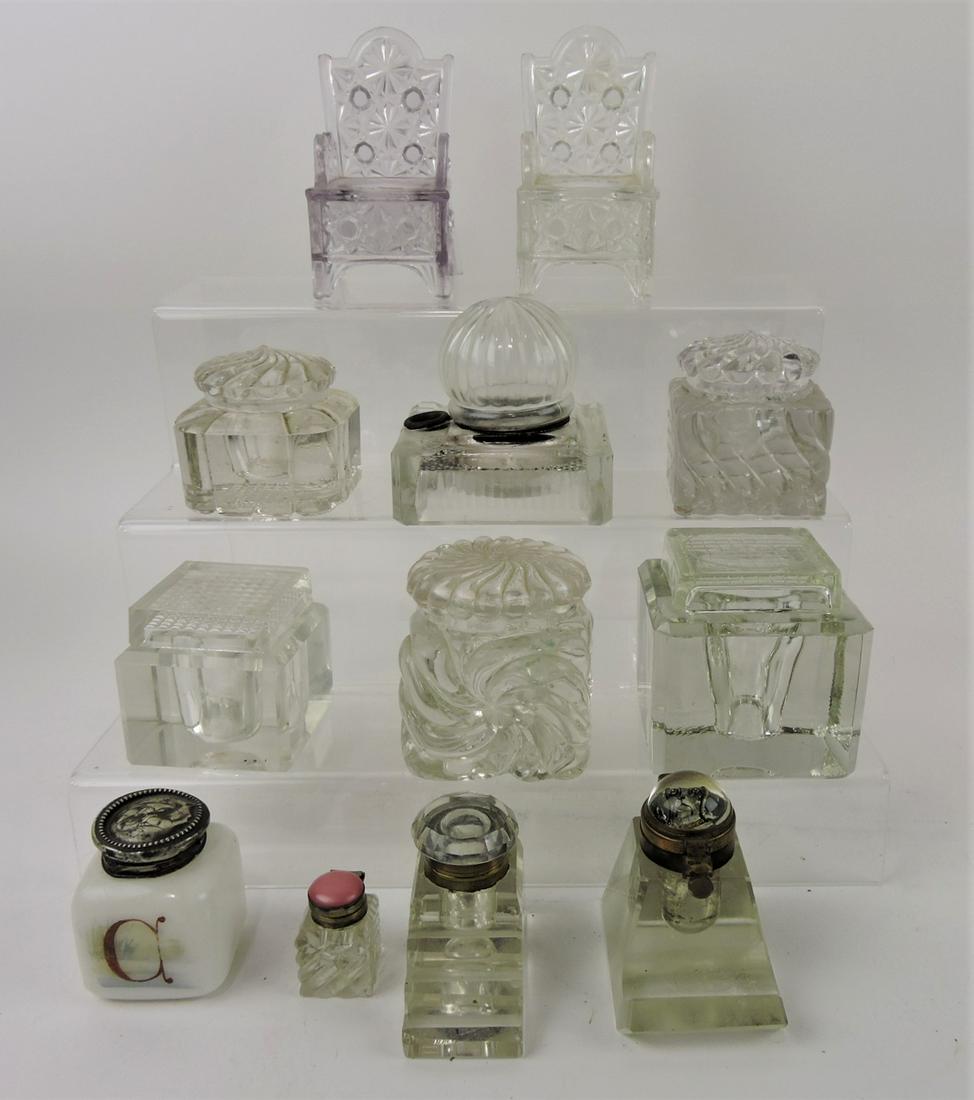 Lot of 12 inkwells including 2 pattern: glass daisy and button chair inkwells made by Canton Glass Co, Canton OH and Marion IN