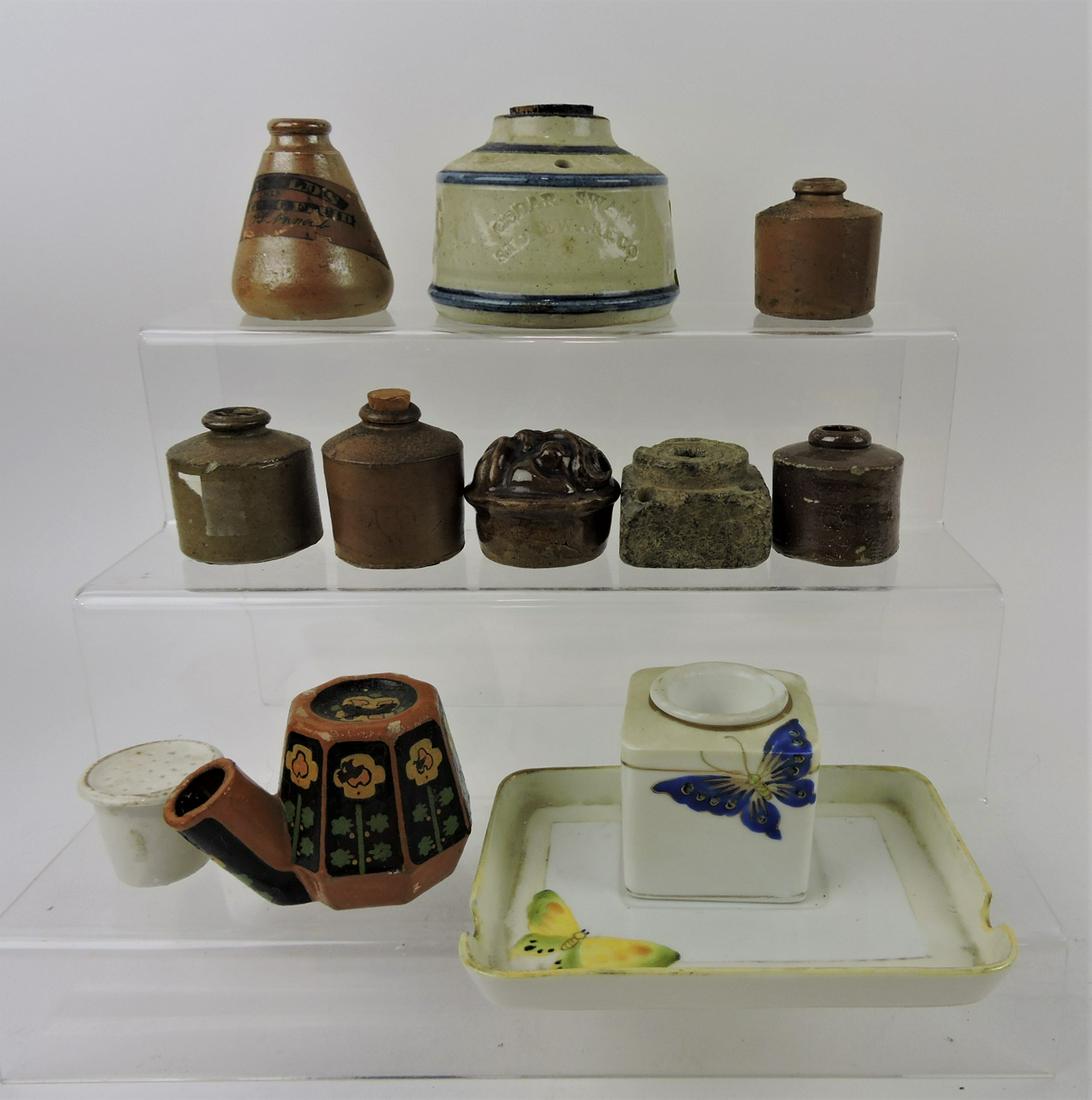 Lot of 11 inkwells, bottles, and desk items:: stoneware inkwell - Cedar Swamp Stoneware Co, Barnstable MA
