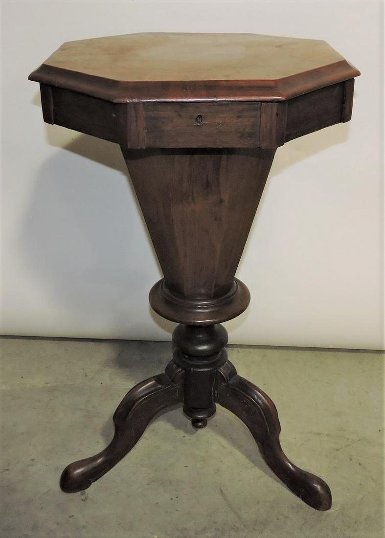 Victorian walnut octagonal sewing: stand 38"h, 17"w, fitted interior