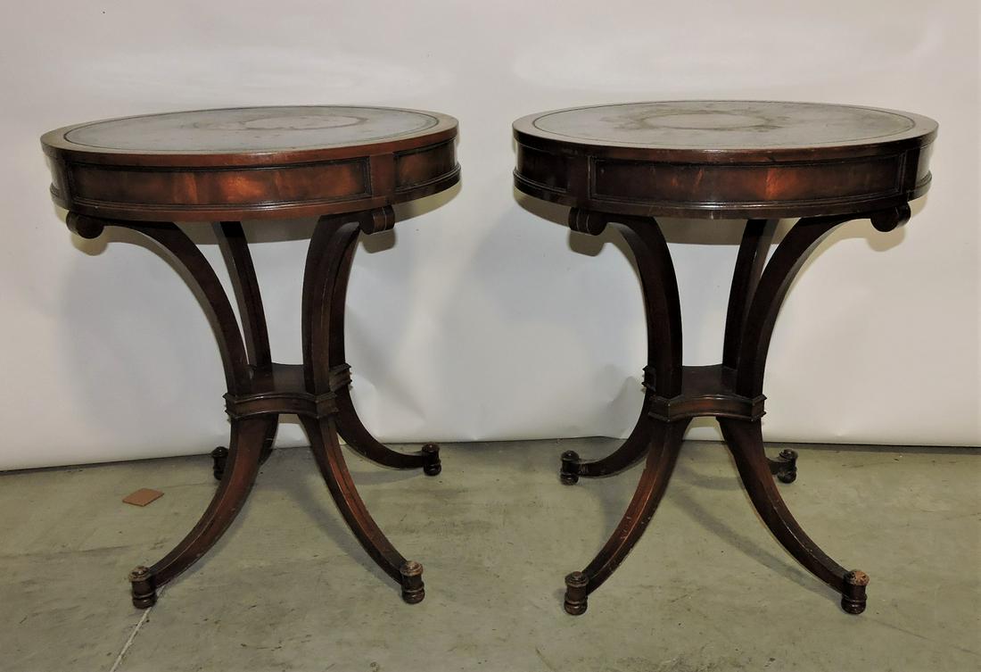 Pair of drum top lamp tables with: leather insert, 27"h, 23"d